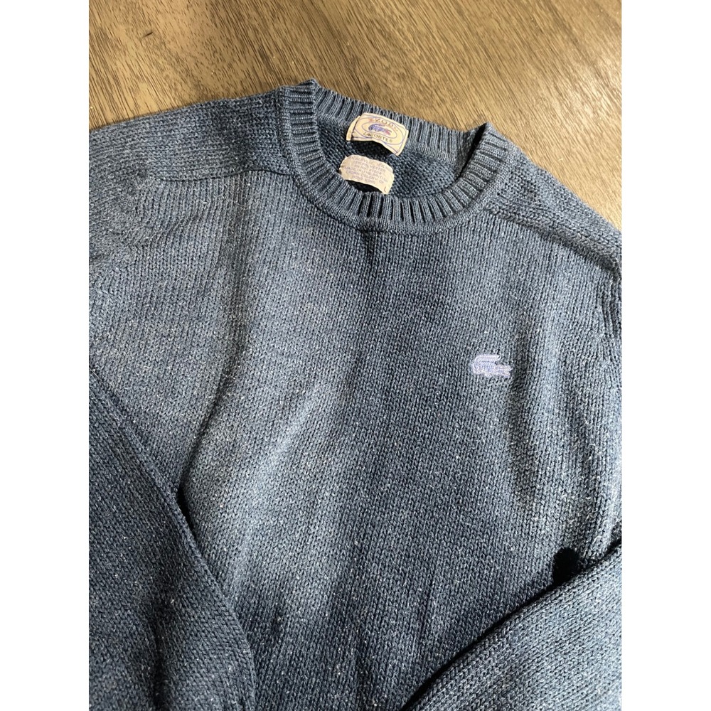 Vintage Izod Lacoste Mens L Blue Sweater Crewneck Acrylic Wool Blend Embroidered